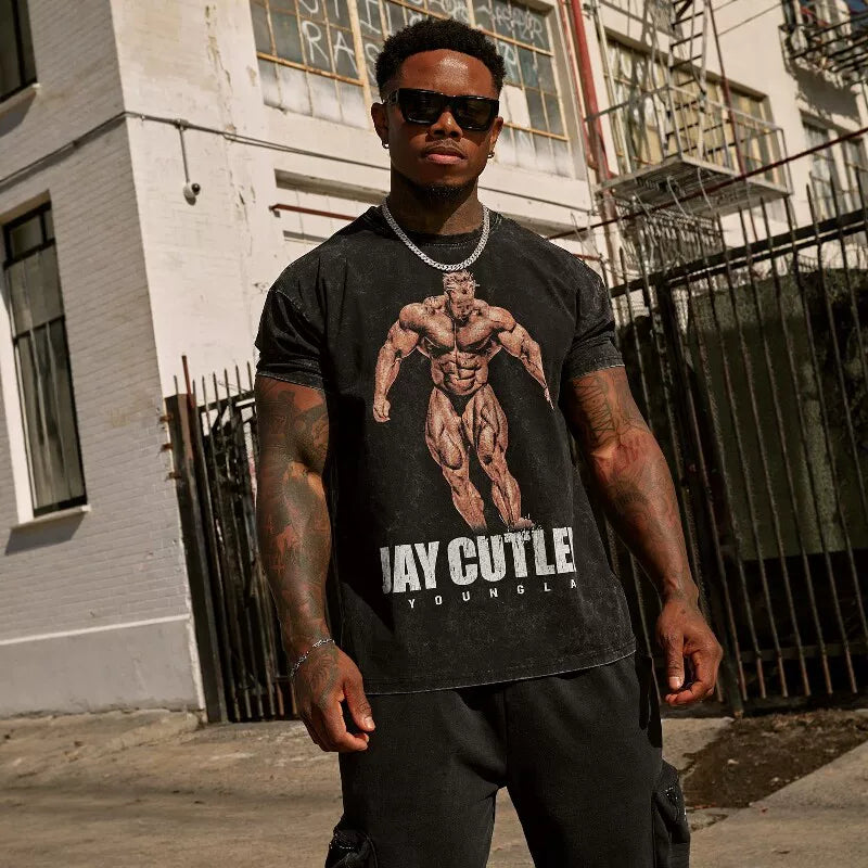 美式潮牌YOUNGLA联名Jay Cutler运动健身短袖水洗宽松棉质上衣T恤