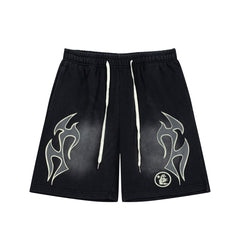 Hellstar Records Flame Print Acid Wash Loose Sweat Shorts