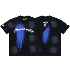 Hellstar Gradient Wash Blue Splatter Graphic Oversized T-Shirt - Vintage Wash