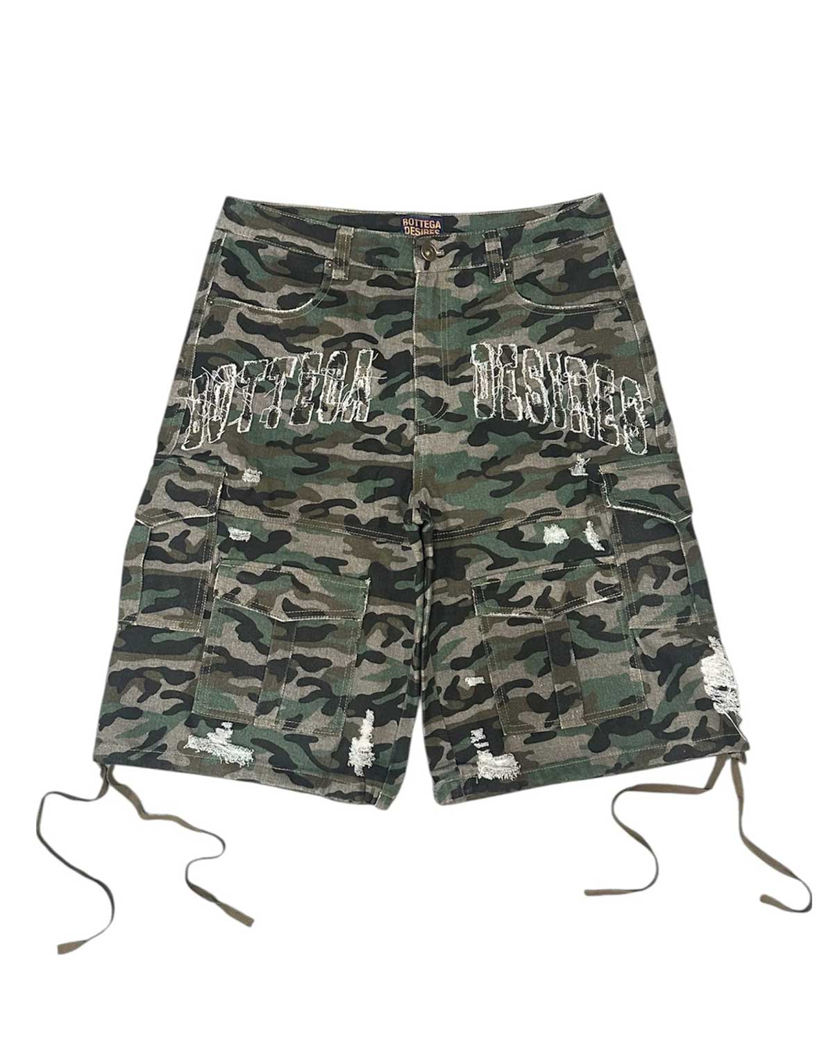 Bottega Desires Distressed Camo Cargo Shorts Green