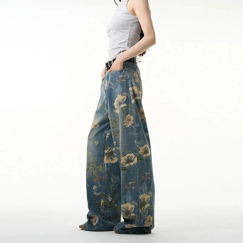 Floral Print Wide-leg Jeans