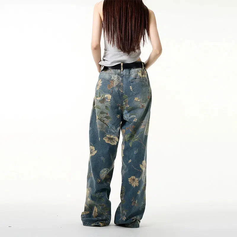 Floral Print Wide-leg Jeans