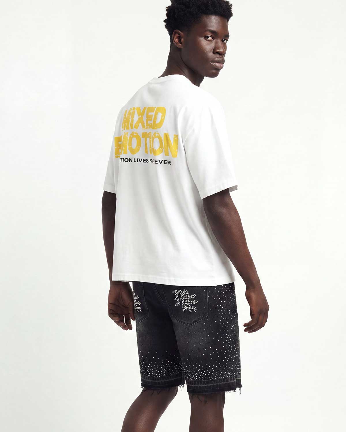 Mixed Emotions "ME" Rhinestone Denim Shorts Black