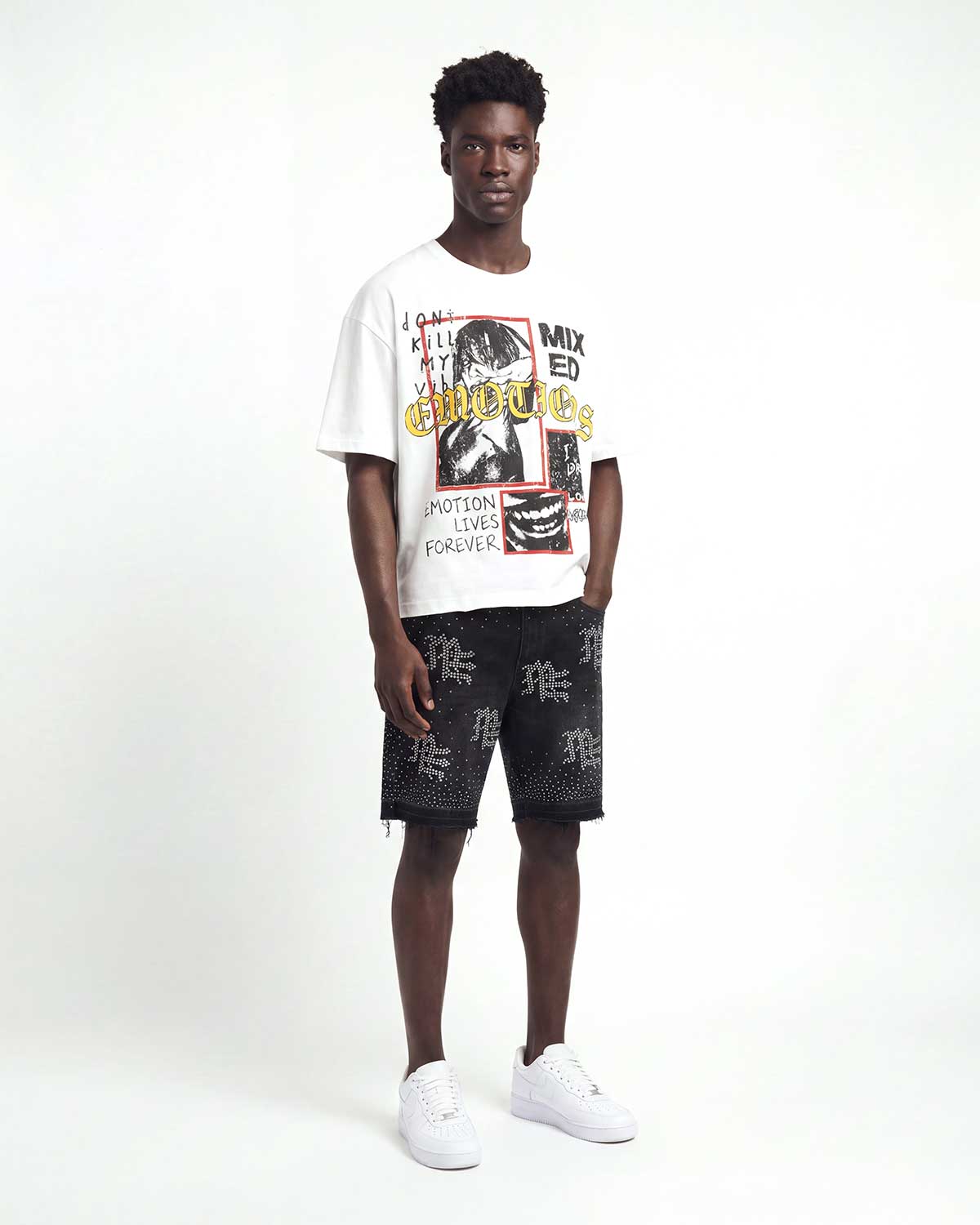 Mixed Emotions "ME" Rhinestone Denim Shorts Black