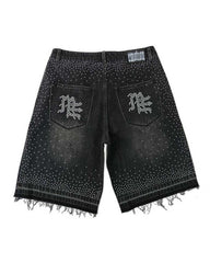 Mixed Emotions "ME" Rhinestone Denim Shorts Black