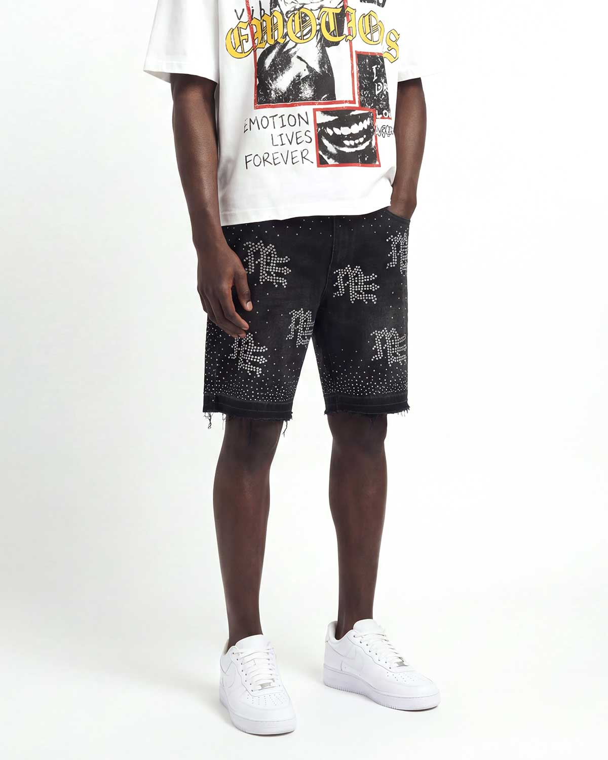 Mixed Emotions "ME" Rhinestone Denim Shorts Black