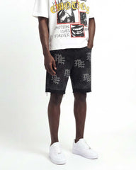 Mixed Emotions "ME" Rhinestone Denim Shorts Black