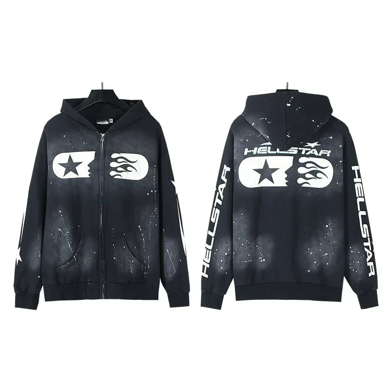 HELLSTAR Star‑Flame Galaxy‑Splatter Bleach‑Wash Black Zip‑Up Hoodie Streetwear Sweatshirt