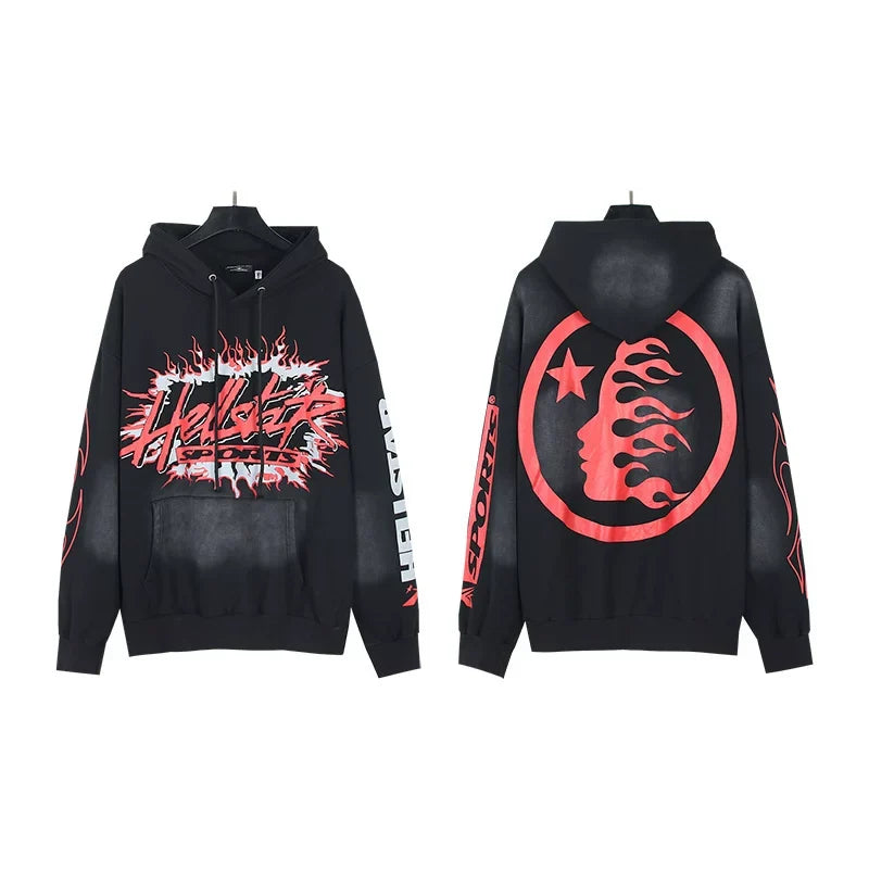 HELLSTAR Red‑Accent Throne‑Style Circle Flame‑Face Oversized Black Hoodie Streetwear Sweatshirt