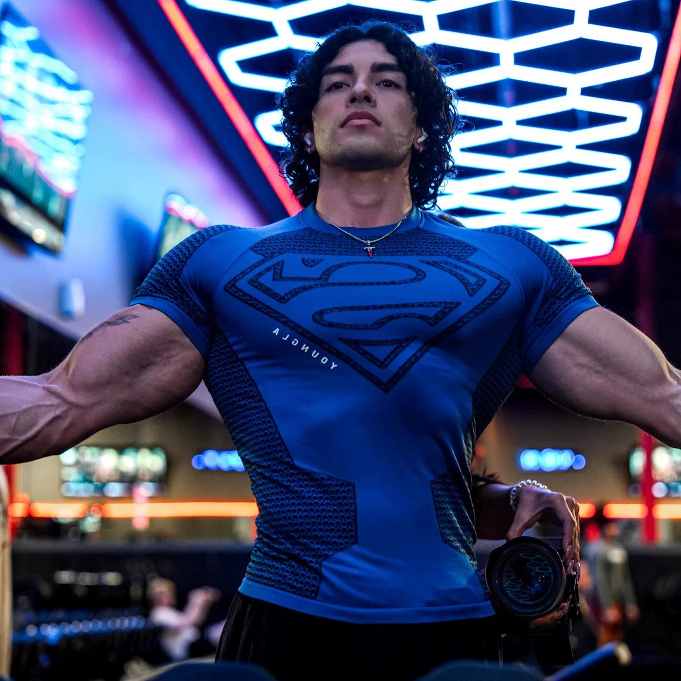 European and American fashion brand YOUNG LA Superman sports short sleeved casual American fitness muscle training running speed dry T-shirt for men