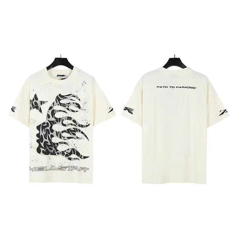 HELLSTAR Path To Paradise Abstract Face Star Double‑Sided Vintage Washed Short Sleeve Tee White Streetwear T‑Shirt