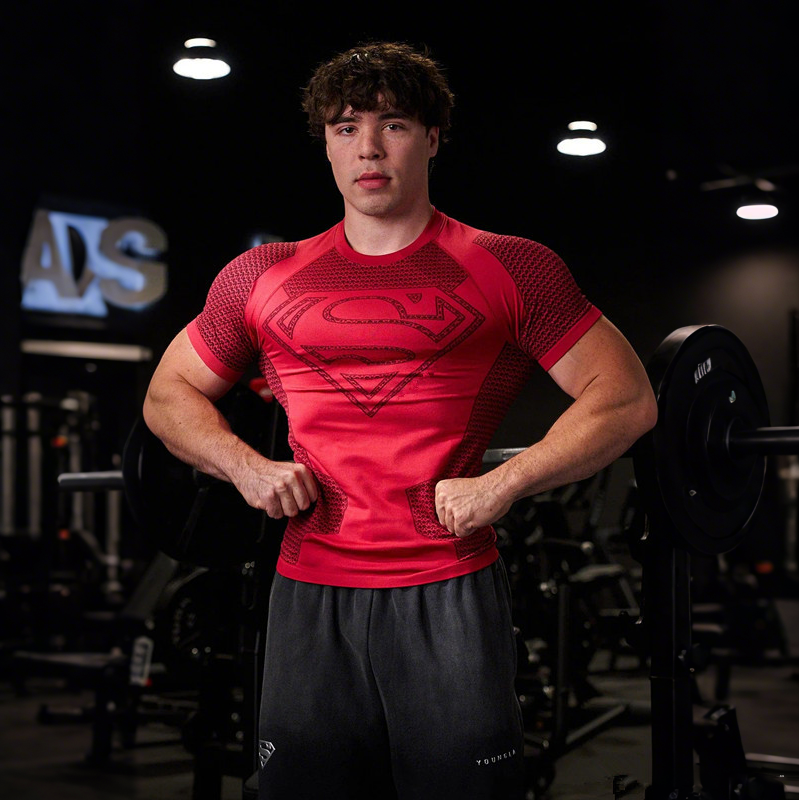 European and American fashion brand YOUNG LA Superman sports short sleeved casual American fitness muscle training running speed dry T-shirt for men