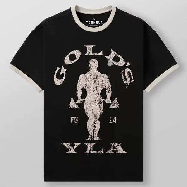 新款美式YOUNGLA联名GOLDSGYM运动短袖复古健身休闲棉氨上衣t恤男