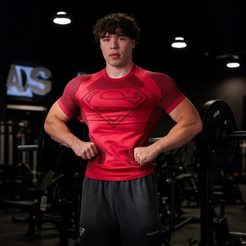 European and American fashion brand YOUNG LA Superman sports short sleeved casual American fitness muscle training running speed dry T-shirt for men