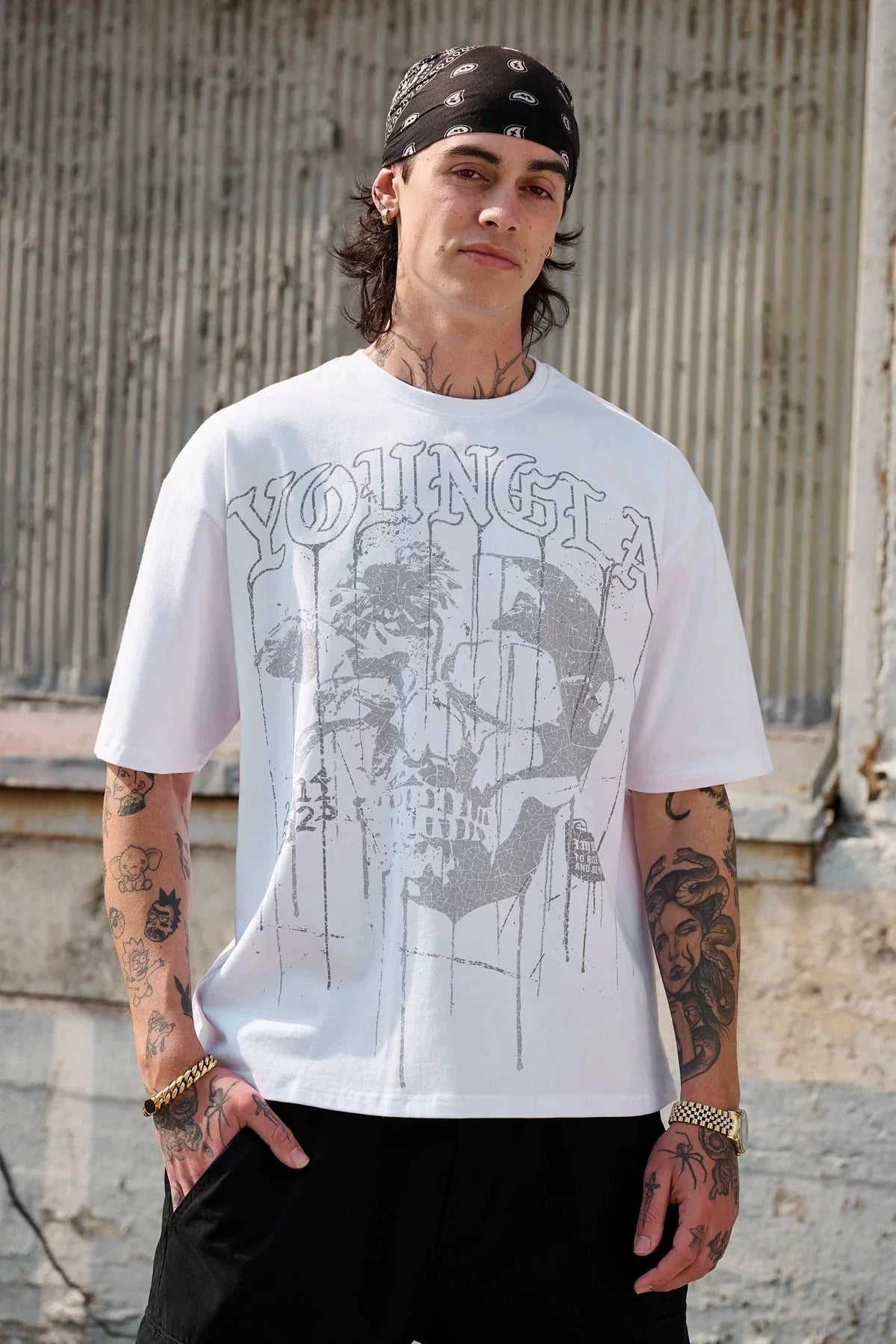 Cross border foreign trade American trendy brand YoungLa skeleton short sleeved loose cotton round neck fitness running T-shirt for men