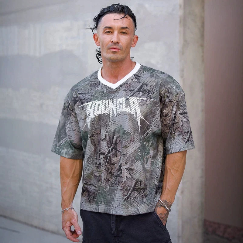New American Trendy Brand YOUNG LA Large Men's Mesh T-shirt European and American Fitness Loose Quick Drying Breathable Digital Short Sleeve