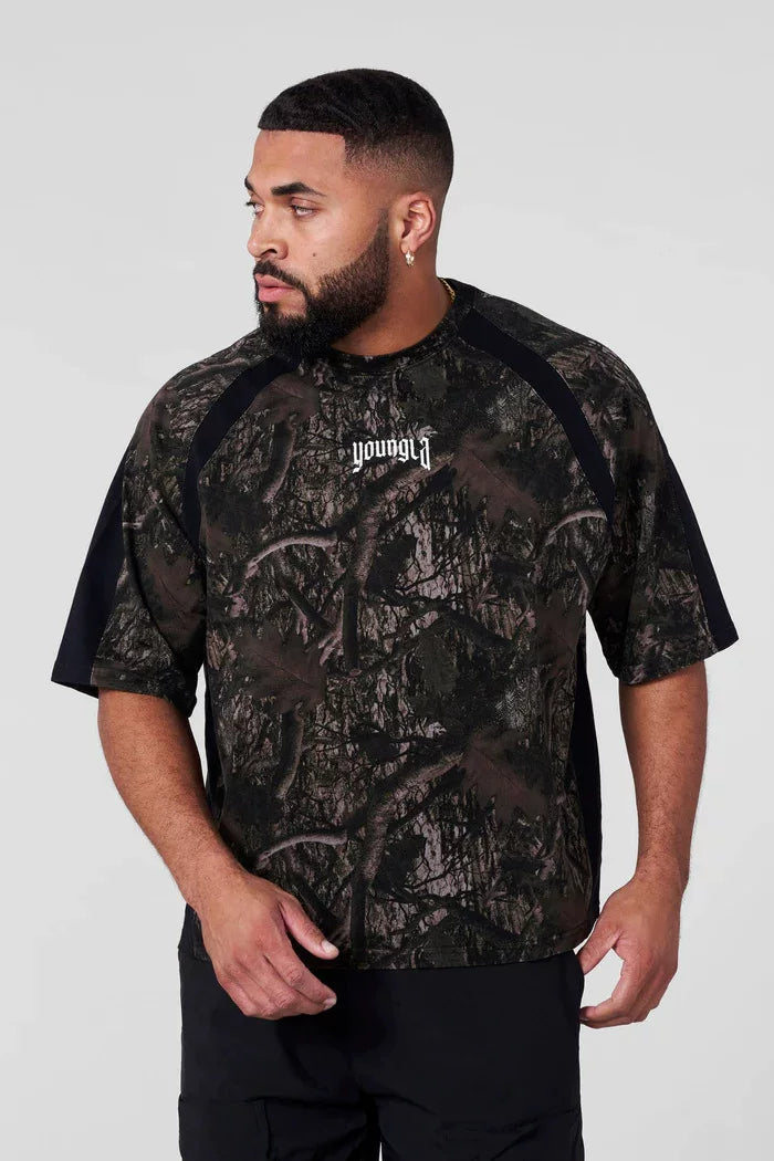 American trendy brand YOUNGLA sports style spliced short sleeved men's jogging loose fitness casual camouflage printed T-shirt