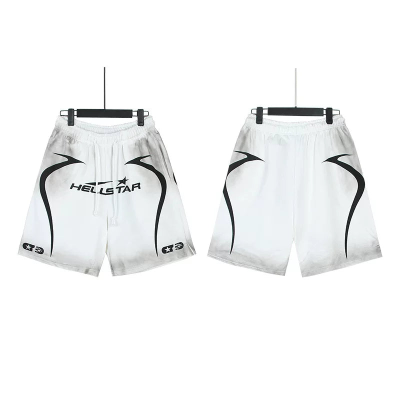 Hellstar Curved Stripe Logo Washed White Grey Gradient Streetwear Shorts