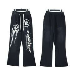 HELLSTAR Multi‑Graphic Print Flare Sweatpants Black Streetwear Trousers