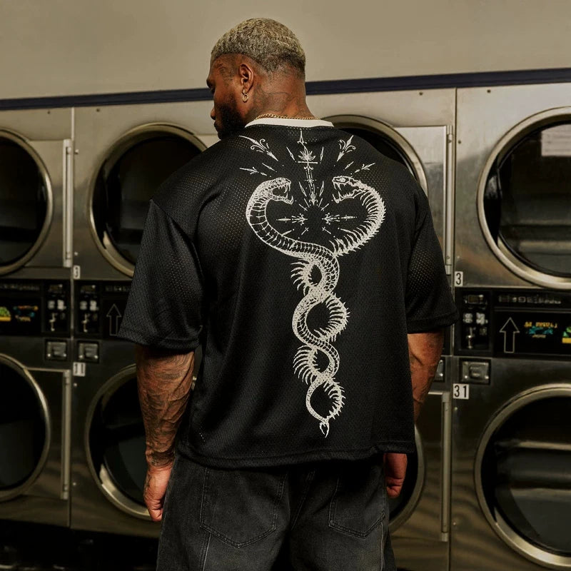 New American Trendy Brand YOUNG LA Large Men's Mesh T-shirt European and American Fitness Loose Quick Drying Breathable Digital Short Sleeve