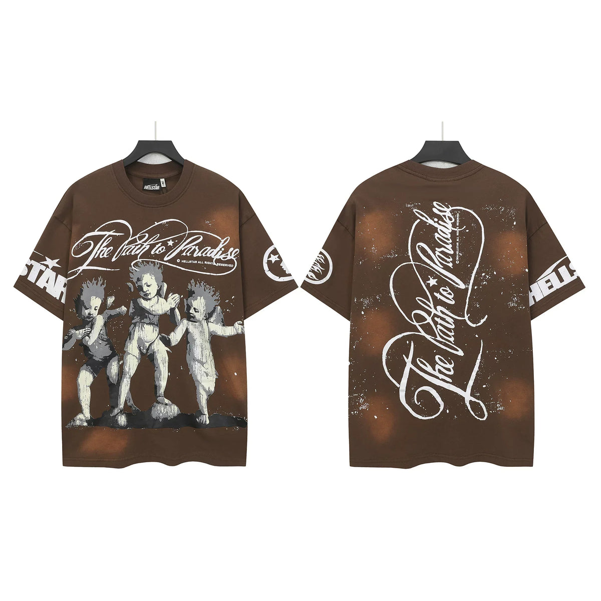 HELLSTAR "The Path To Paradise" Cherub Angel Double‑Sided Short Sleeve Tee Brown Streetwear T‑Shirt