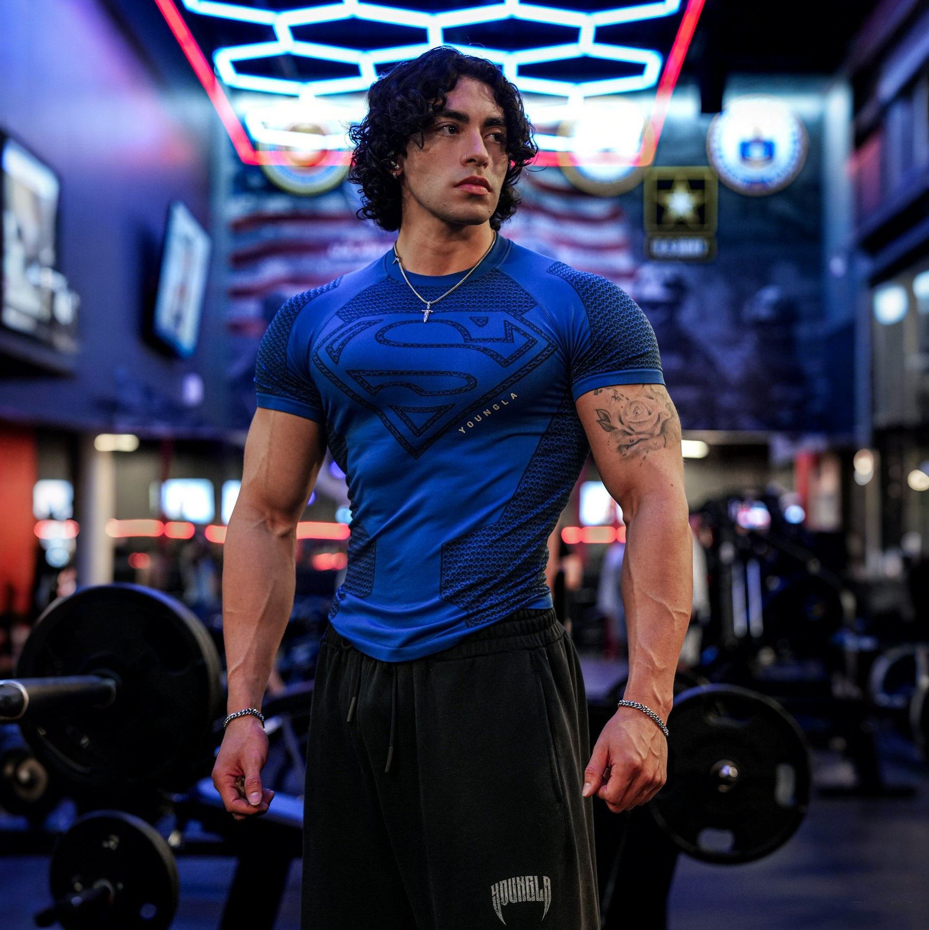 European and American fashion brand YOUNG LA Superman sports short sleeved casual American fitness muscle training running speed dry T-shirt for men
