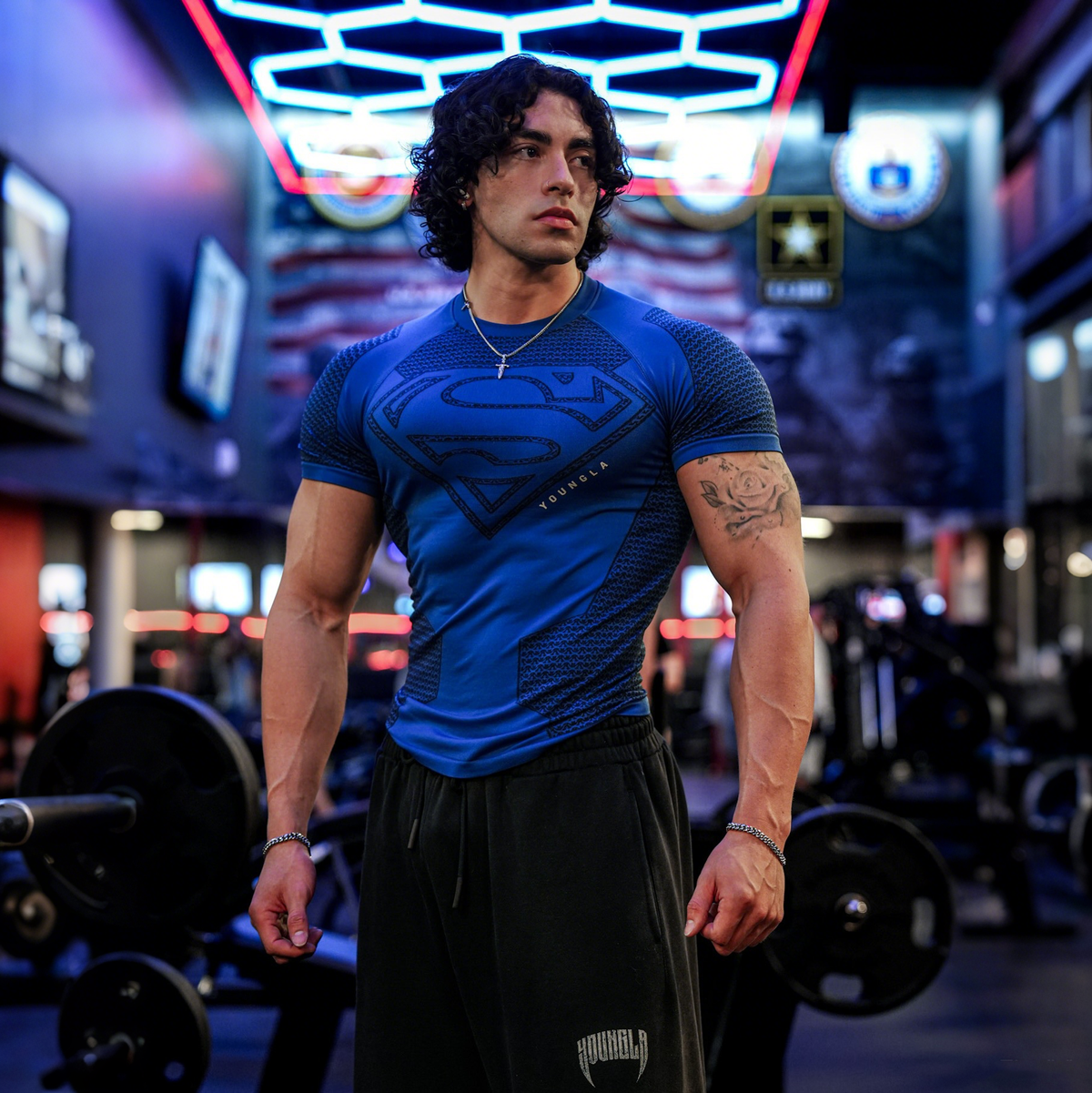European and American fashion brand YOUNG LA Superman sports short sleeved casual American fitness muscle training running speed dry T-shirt for men