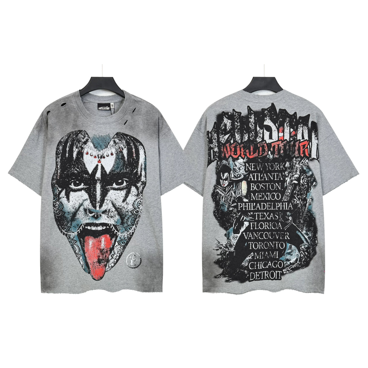 HELLSTAR Distressed Rock Icon Face World Tour Double‑Sided Short Sleeve Tee Grey Washed Streetwear T‑Shirt