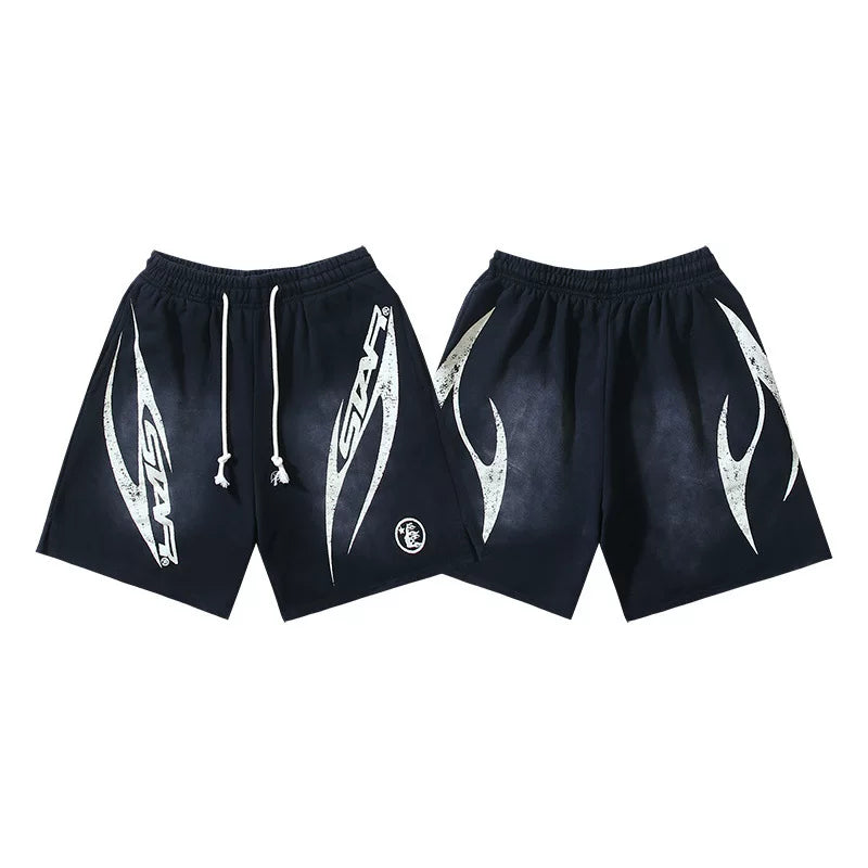 Hellstar Front & Back Tribal Blade Print Washed Black Streetwear Shorts