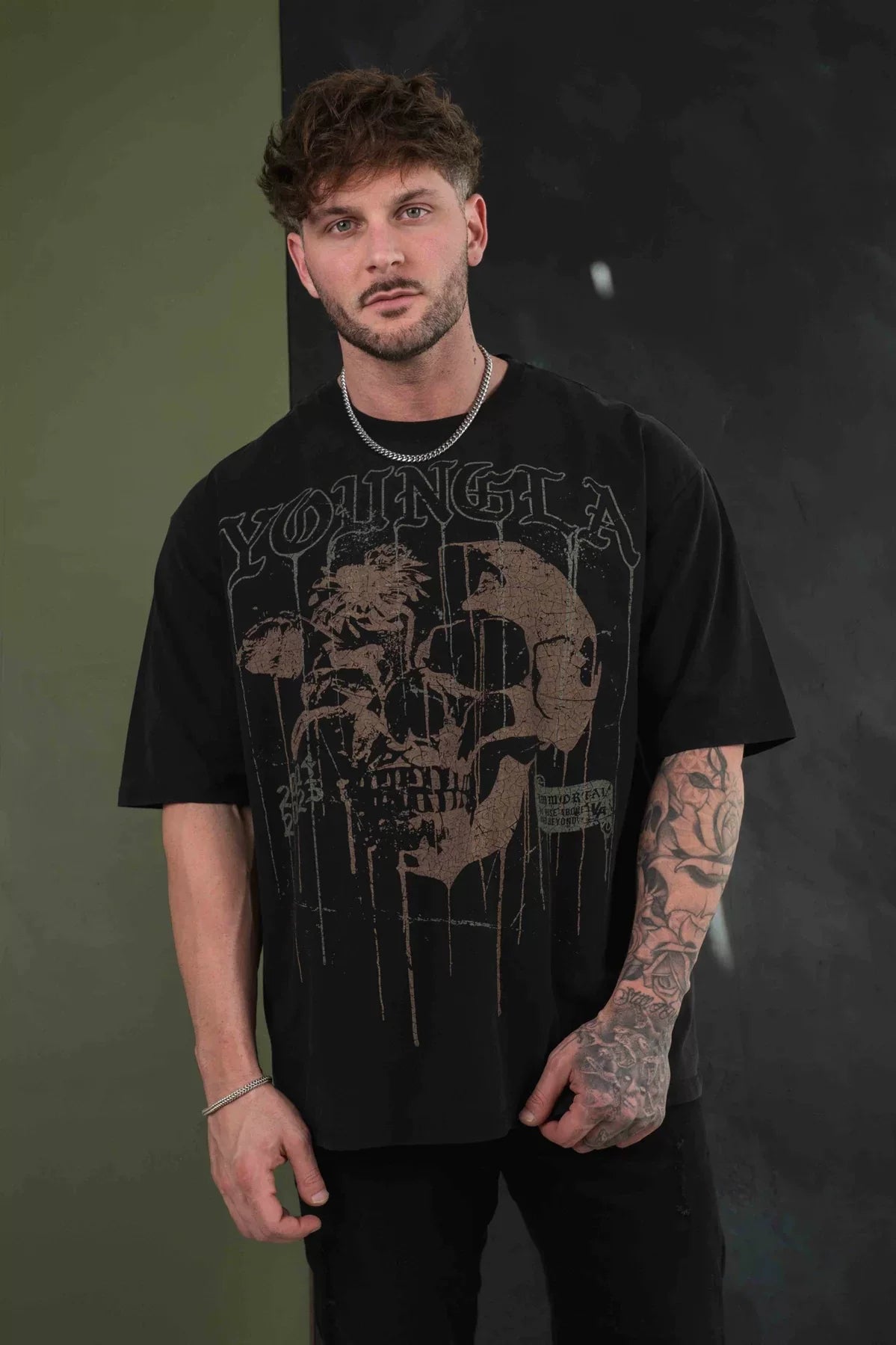 Cross border foreign trade American trendy brand YoungLa skeleton short sleeved loose cotton round neck fitness running T-shirt for men