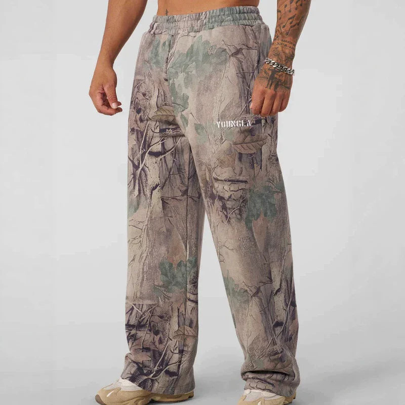 American fashion brand YOONGLA camouflage withered tree sports straight leg pants with digital printing fitness loose wide leg pants for men