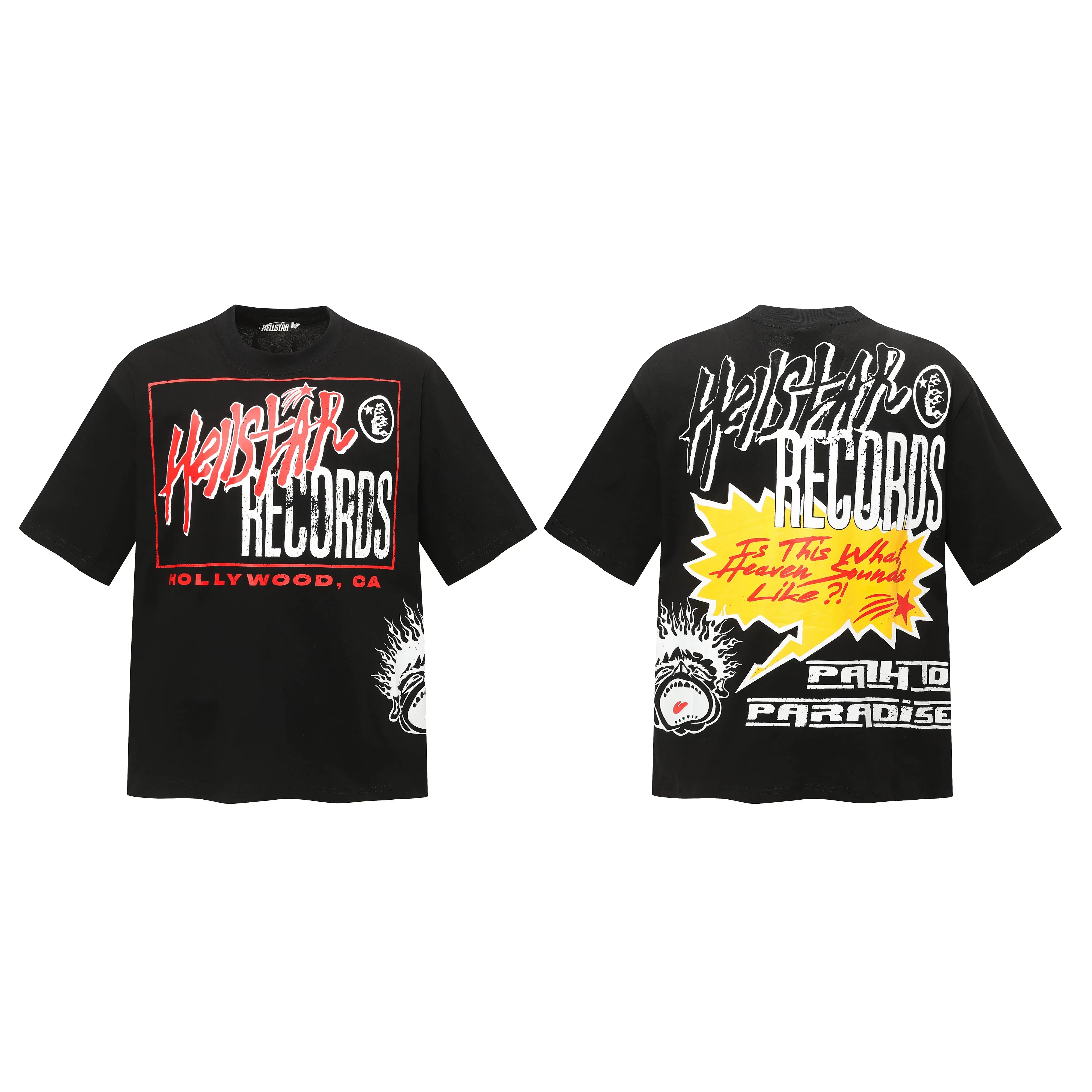 HELLSTAR Records Comic Speech Bubble Double‑Sided Vintage Washed Short Sleeve Tee Black Streetwear T‑Shirt