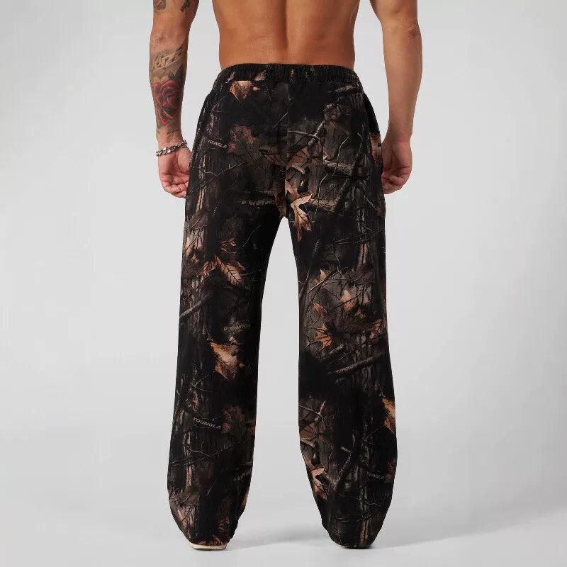 American fashion brand YOONGLA leaf camouflage sports pants for men's fitness training, jogging, leisure, wide leg pants