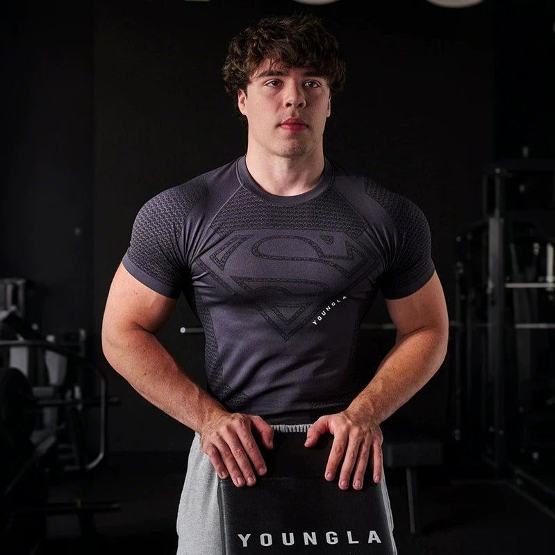 European and American fashion brand YOUNG LA Superman sports short sleeved casual American fitness muscle training running speed dry T-shirt for men