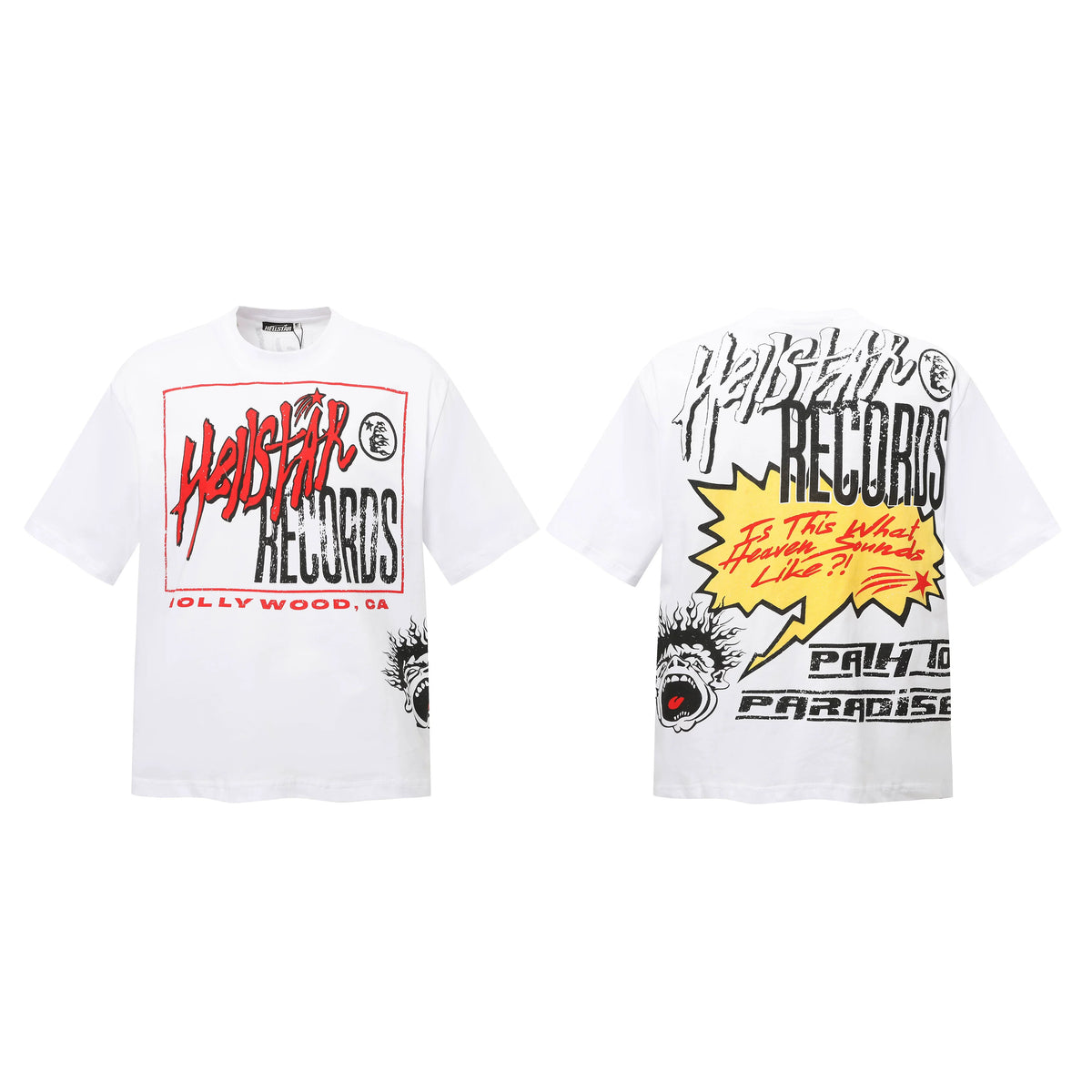 HELLSTAR Records Comic Speech Bubble Double‑Sided Vintage Washed Short Sleeve Tee White Streetwear T‑Shirt