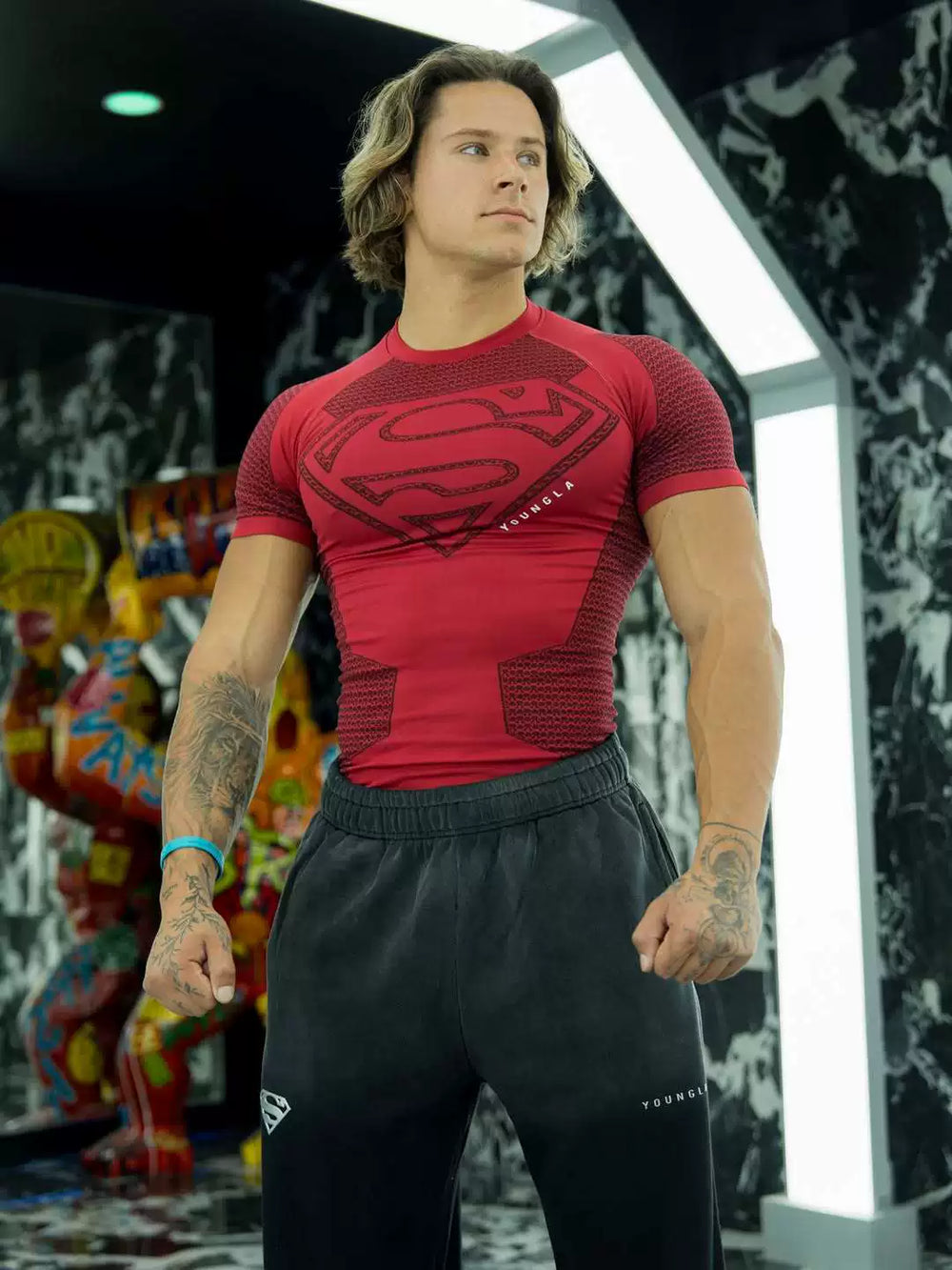 European and American fashion brand YOUNG LA Superman sports short sleeved casual American fitness muscle training running speed dry T-shirt for men