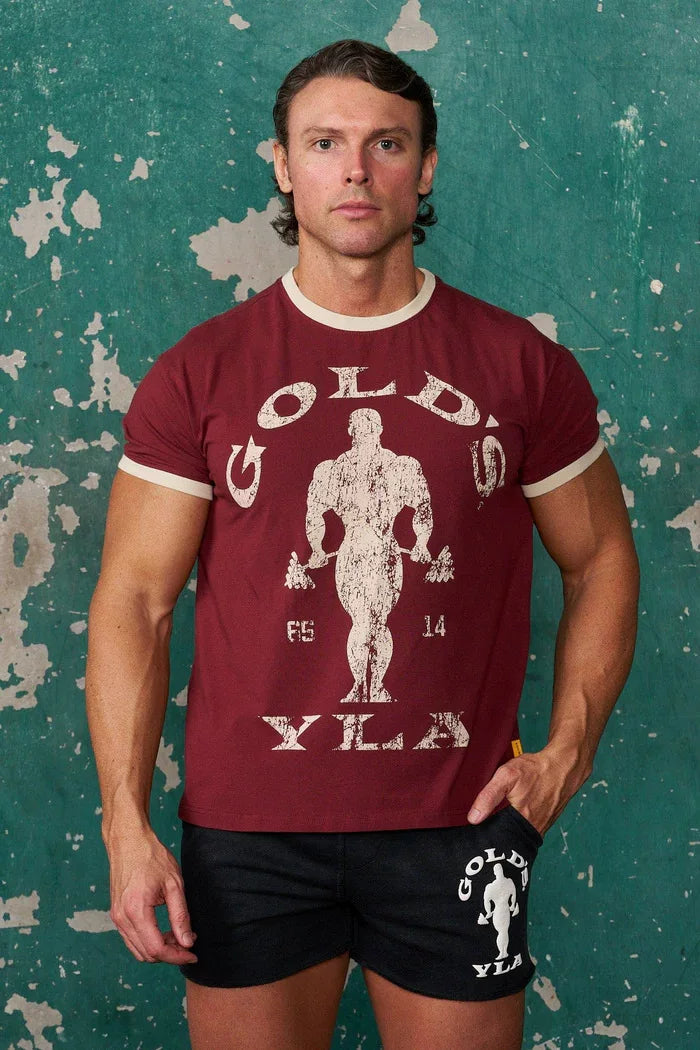 新款美式YOUNGLA联名GOLDSGYM运动短袖复古健身休闲棉氨上衣t恤男