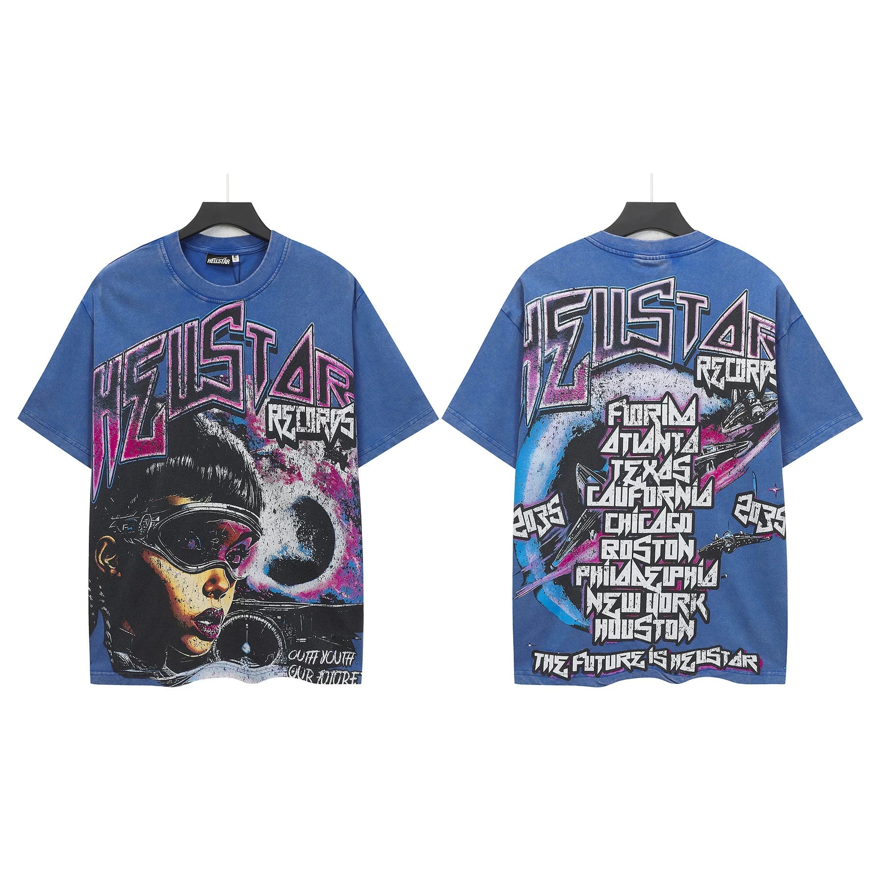 HELLSTAR Records Futuristic Goggle Portrait Double‑Sided Short Sleeve Tee Blue Washed Streetwear T‑Shirt