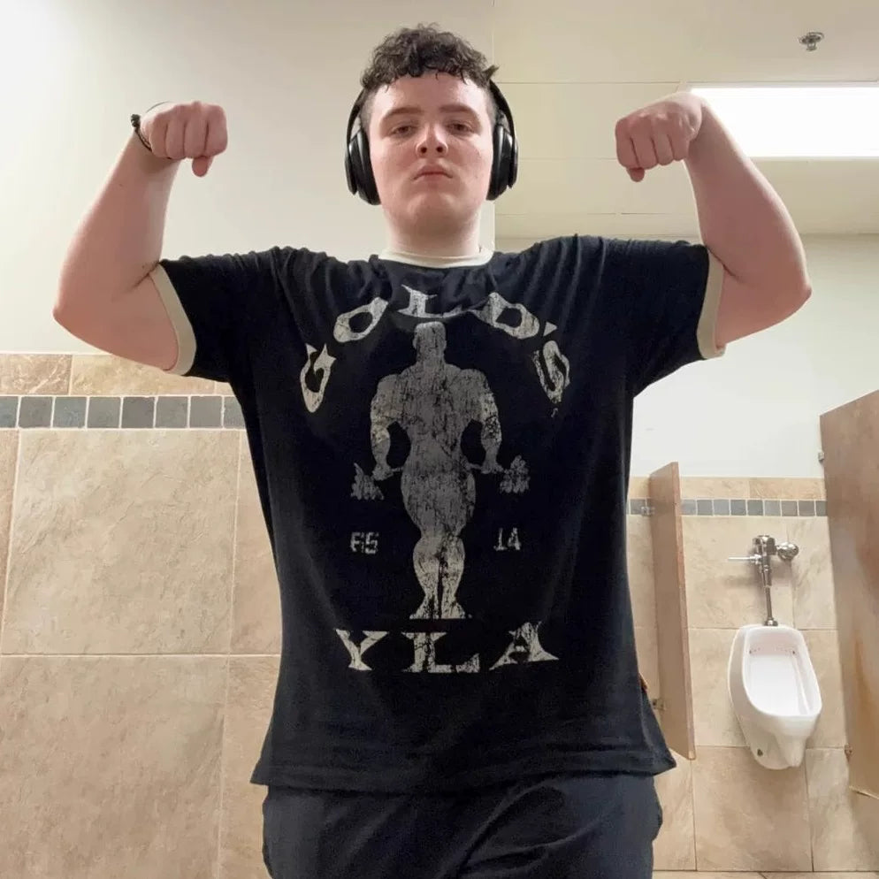 新款美式YOUNGLA联名GOLDSGYM运动短袖复古健身休闲棉氨上衣t恤男