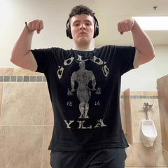 新款美式YOUNGLA联名GOLDSGYM运动短袖复古健身休闲棉氨上衣t恤男