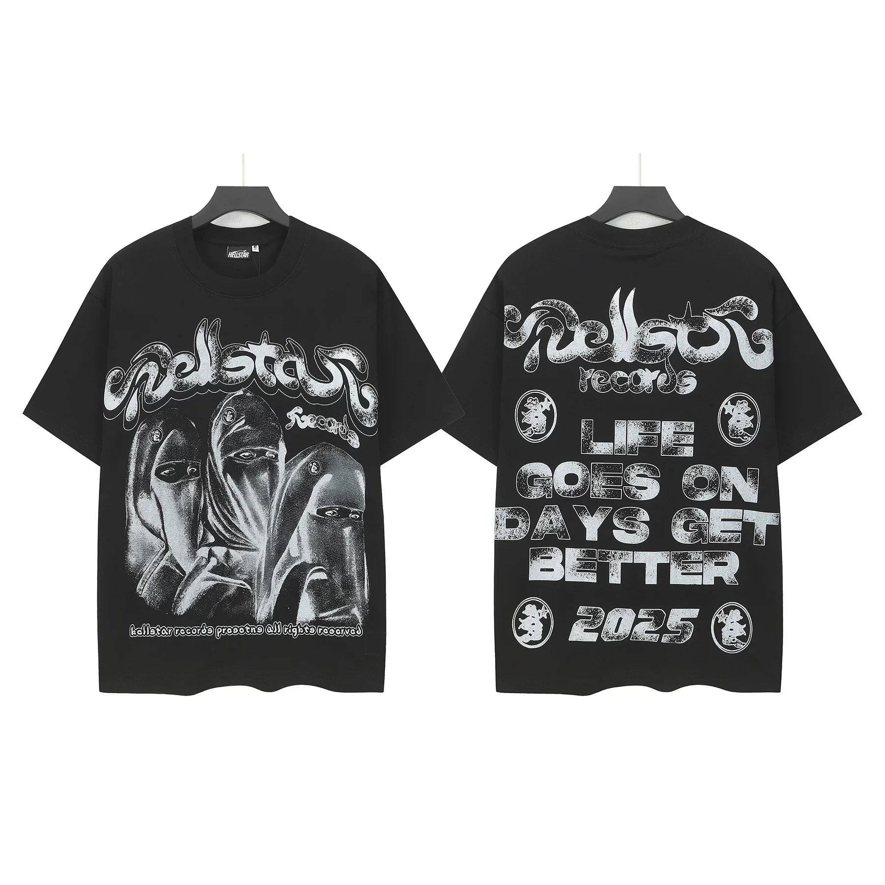 HELLSTAR Records 2025 Balaclava Mask Graphic Double‑Sided Short Sleeve Tee Black Streetwear T‑Shirt