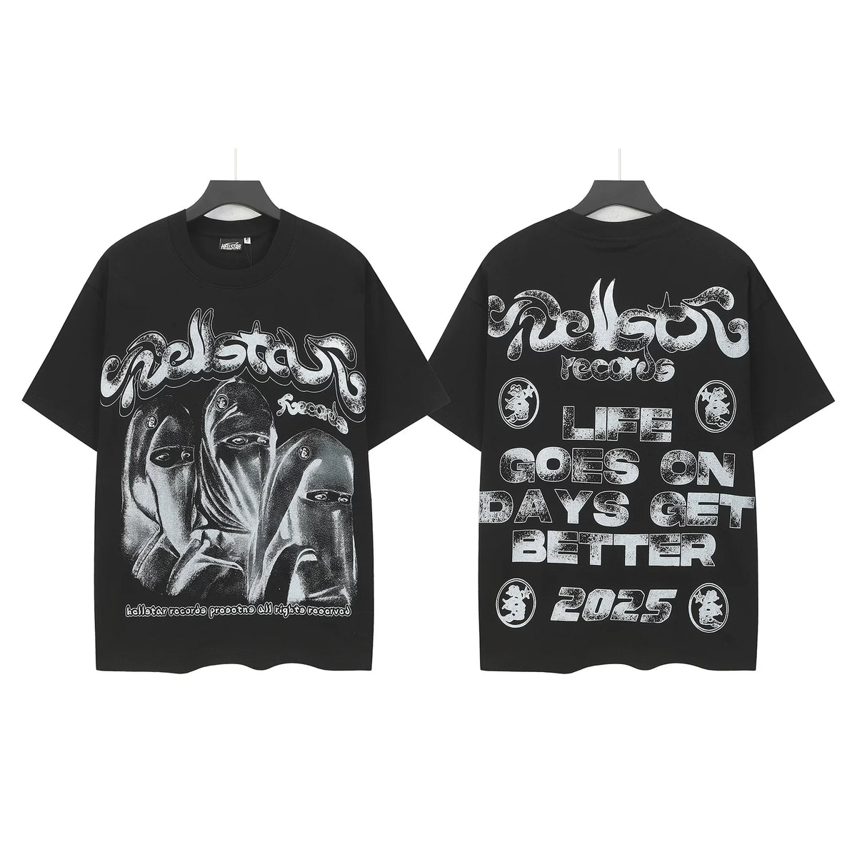 HELLSTAR Records 2025 Balaclava Mask Graphic Double‑Sided Short Sleeve Tee Black Streetwear T‑Shirt