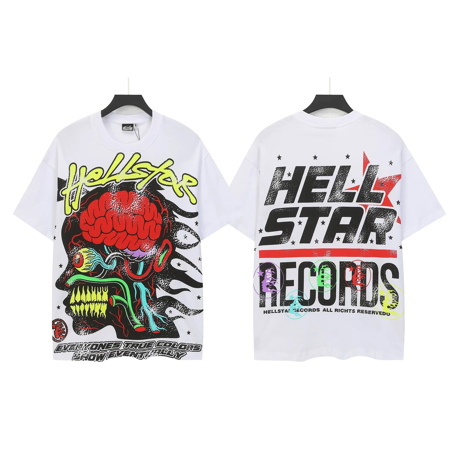 HELLSTAR Records Brain Monster Graphic Double‑Sided Vintage Washed Short Sleeve Tee White Streetwear T‑Shirt