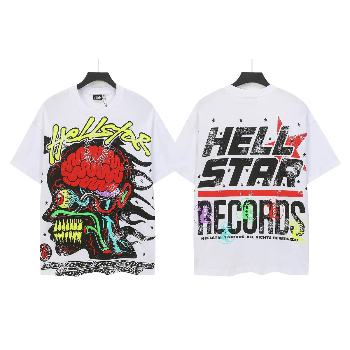 HELLSTAR Records Brain Monster Graphic Double‑Sided Vintage Washed Short Sleeve Tee White Streetwear T‑Shirt