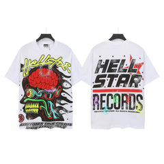 HELLSTAR Records Brain Monster Graphic Double‑Sided Vintage Washed Short Sleeve Tee White Streetwear T‑Shirt