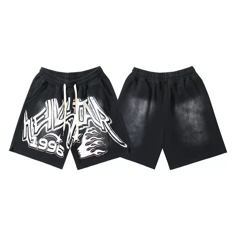 Hellstar 1996 Flame Graffiti Logo Washed Black Streetwear Shorts