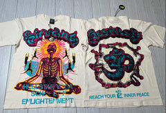 HELLSTAR Yoga School Of Enlightenment Om Symbol Vintage Washed Short Sleeve Tee Cream Streetwear T‑Shirt