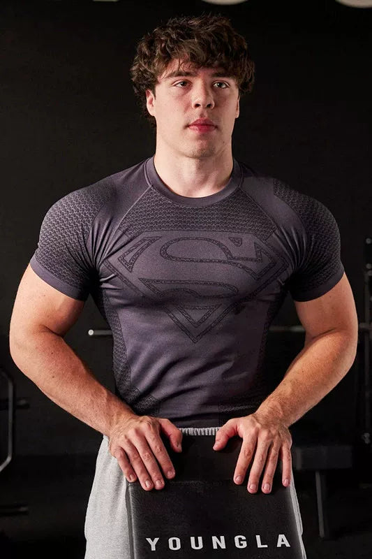European and American fashion brand YOUNG LA Superman sports short sleeved casual American fitness muscle training running speed dry T-shirt for men