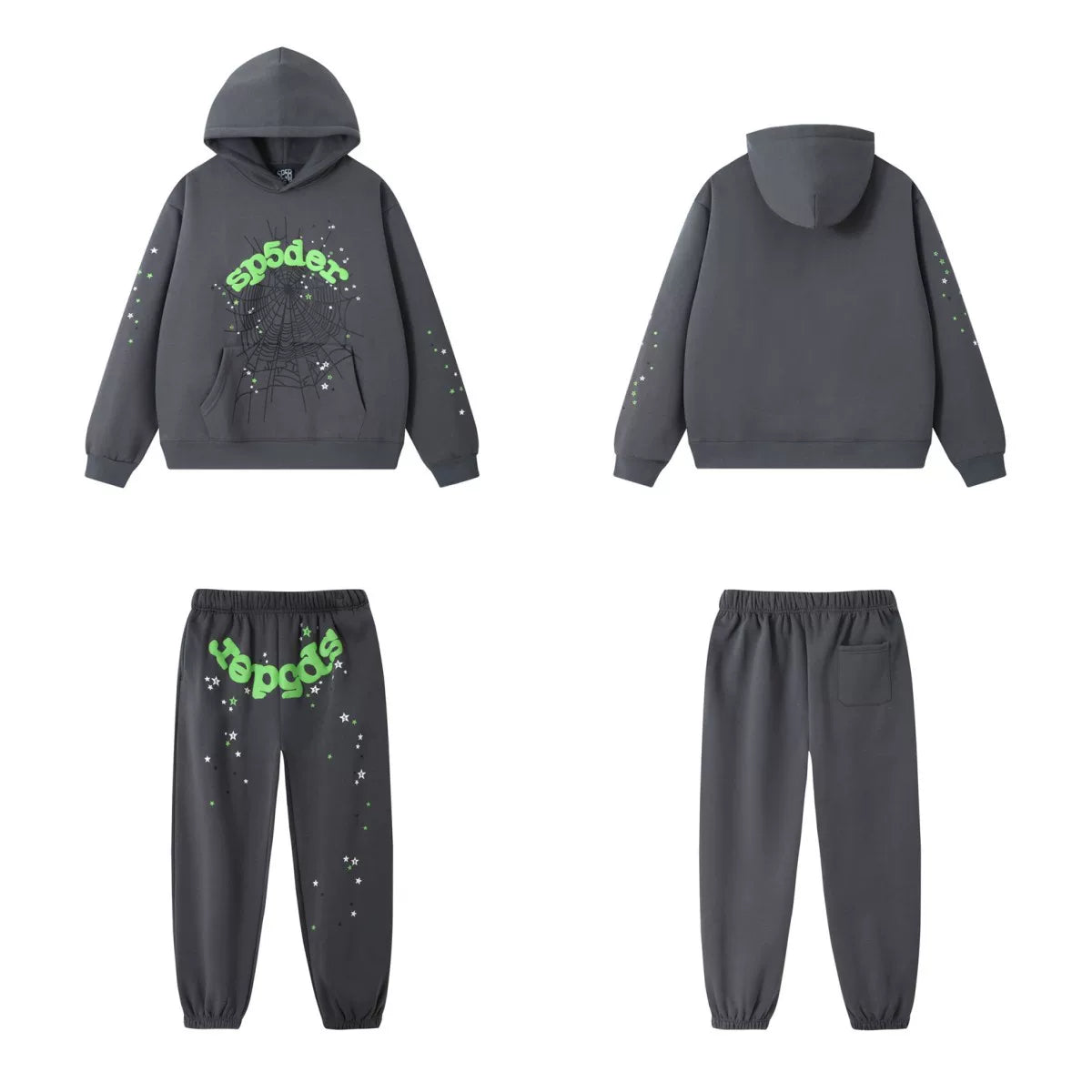 SP5DER Web Graphic Pullover Hoodie and Sweatpants Matching Set - Charcoal Grey / Neon Green