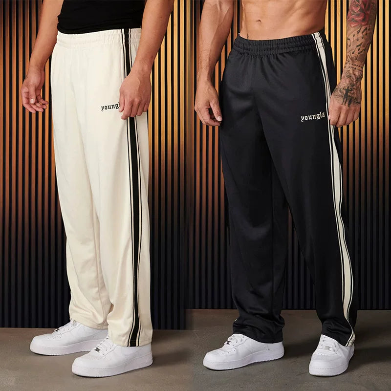 Cross border foreign trade black and white ribbon splicing casual pants men's striped embroidery fitness running sports pants straight leg sweatpants